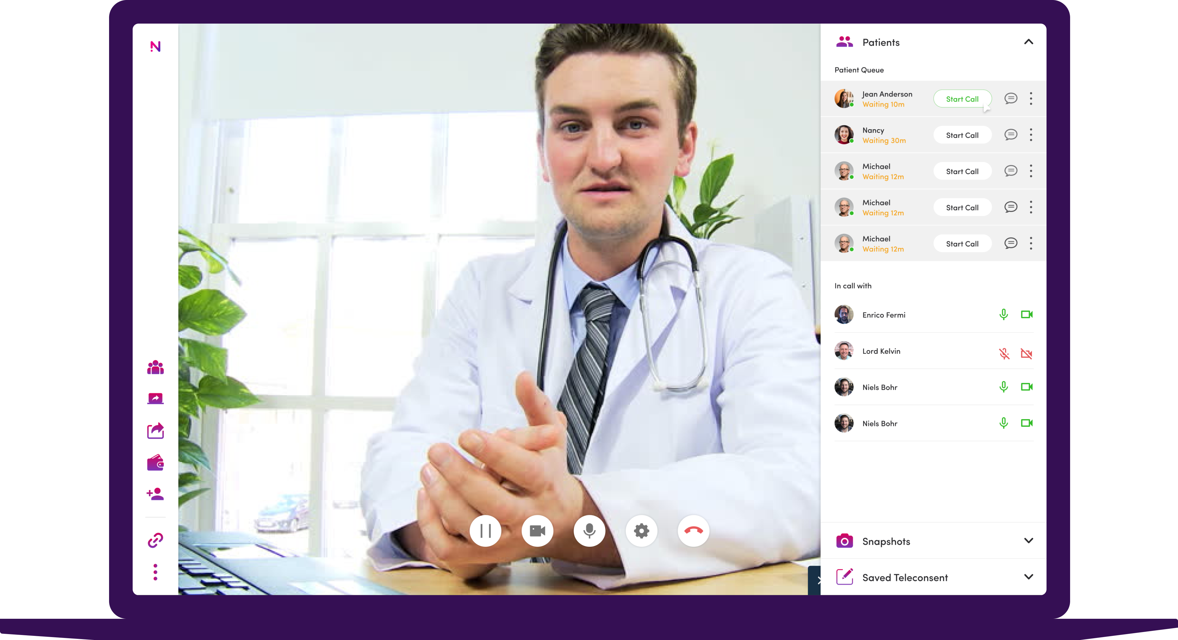 Patient queue user interface with a male doctor’s video stream on a laptop